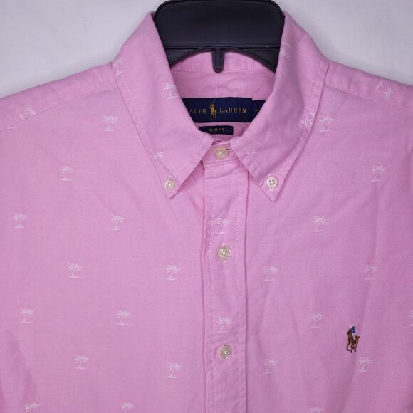 Ralph Lauren Shirt Mens Medium Pink Palm Tree Oxford Slim Fit Cotton - Picture 1 of 11